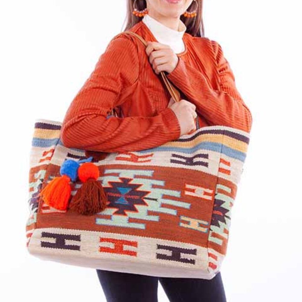 Scully Woven Wool Brown Multi Color Aztec Pattern Shoulder Tote - B602